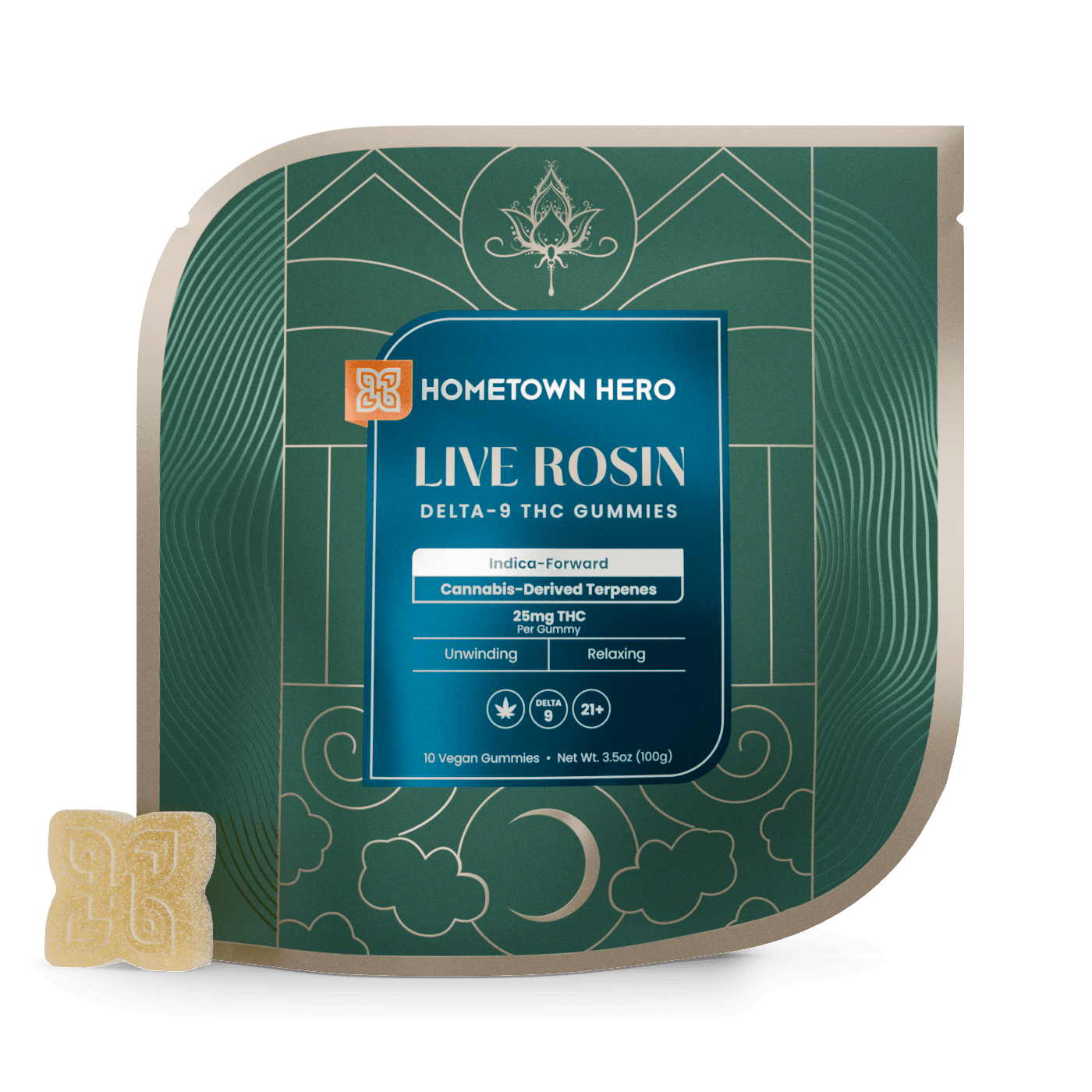 Indica Live Rosin Gummies packaging with gummy