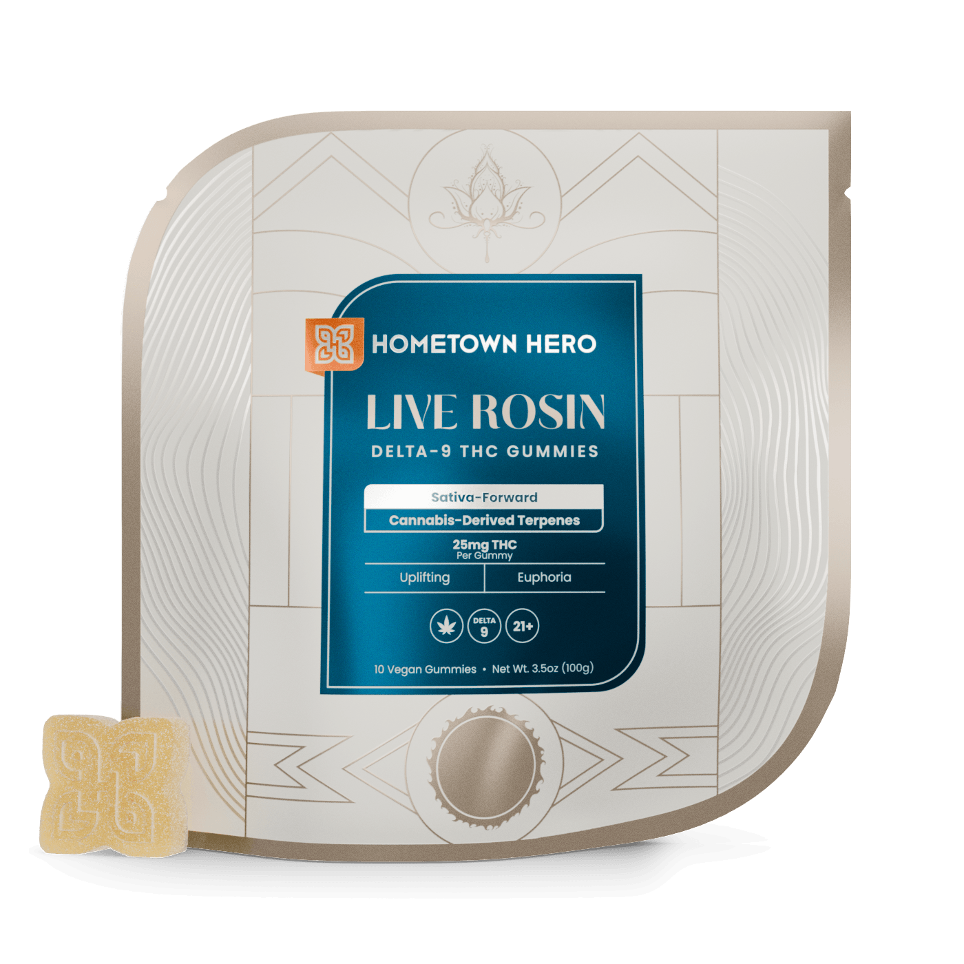 Sativa Live Rosin Gummies packaging with gummy