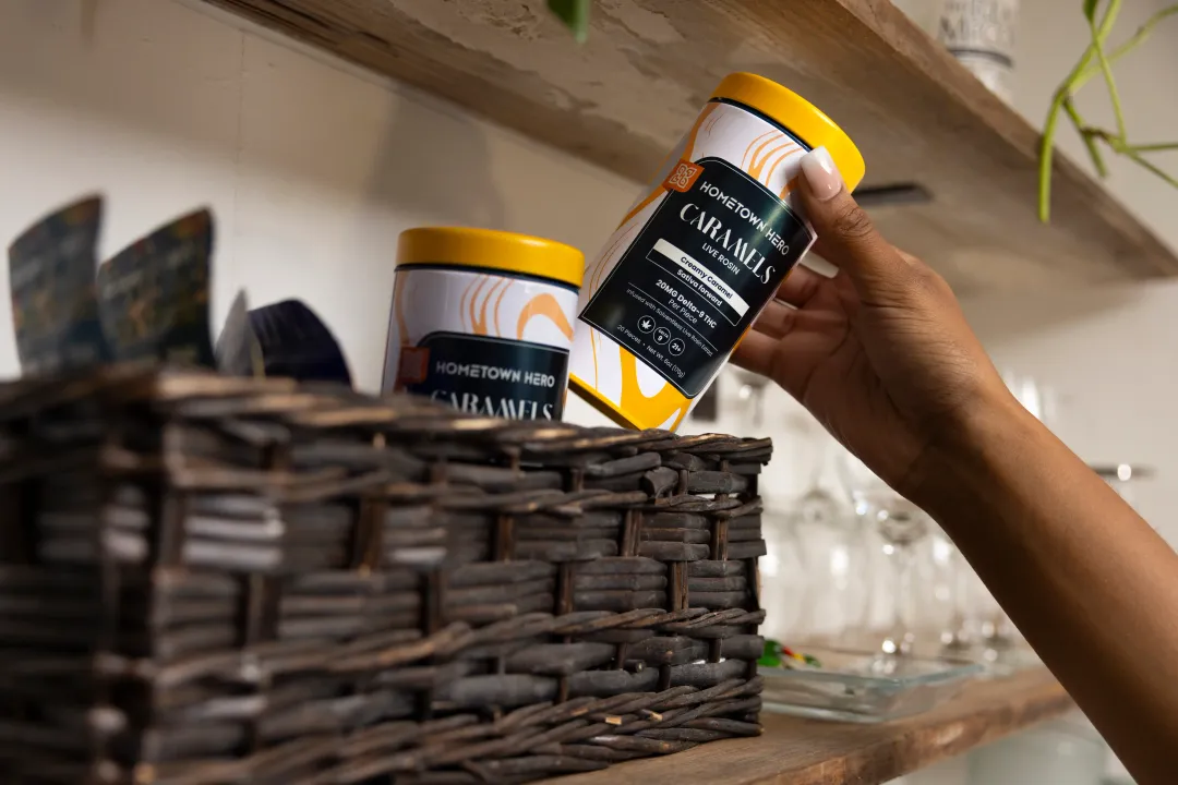 basket on shelf containing delta-9 thc infused edibles